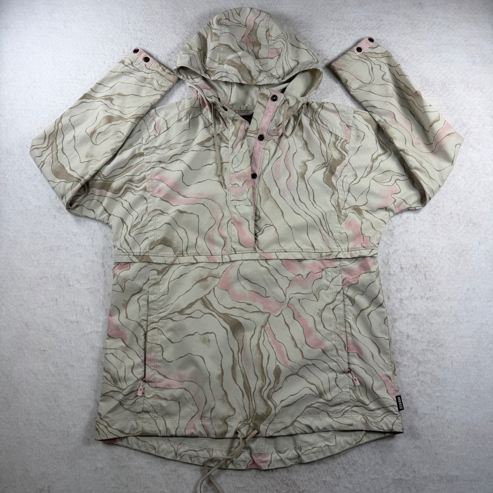 REI Co-op Rainier Anorak Jacket Womens Medium Pink Tan Marbled Topo Print Hooded